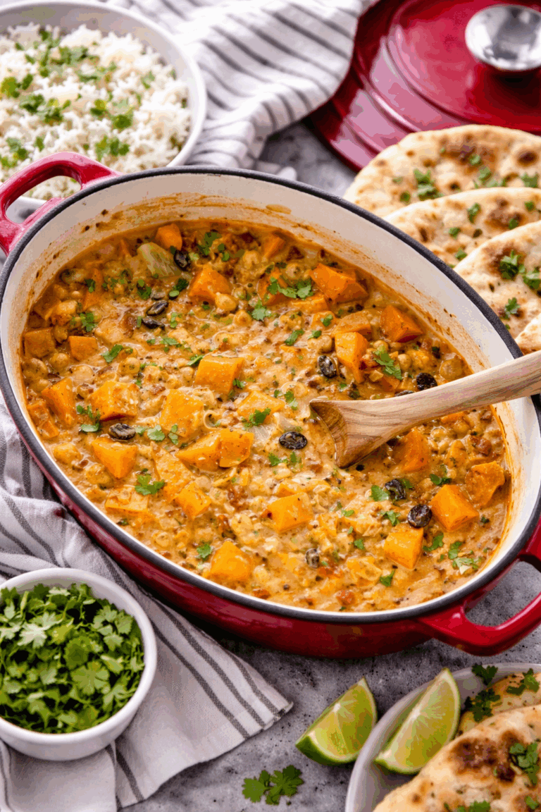 Mijoté de pois chiches à l'indienne servi dans une cocotte rouge et accompagné de riz, de pain naan et de coriandre