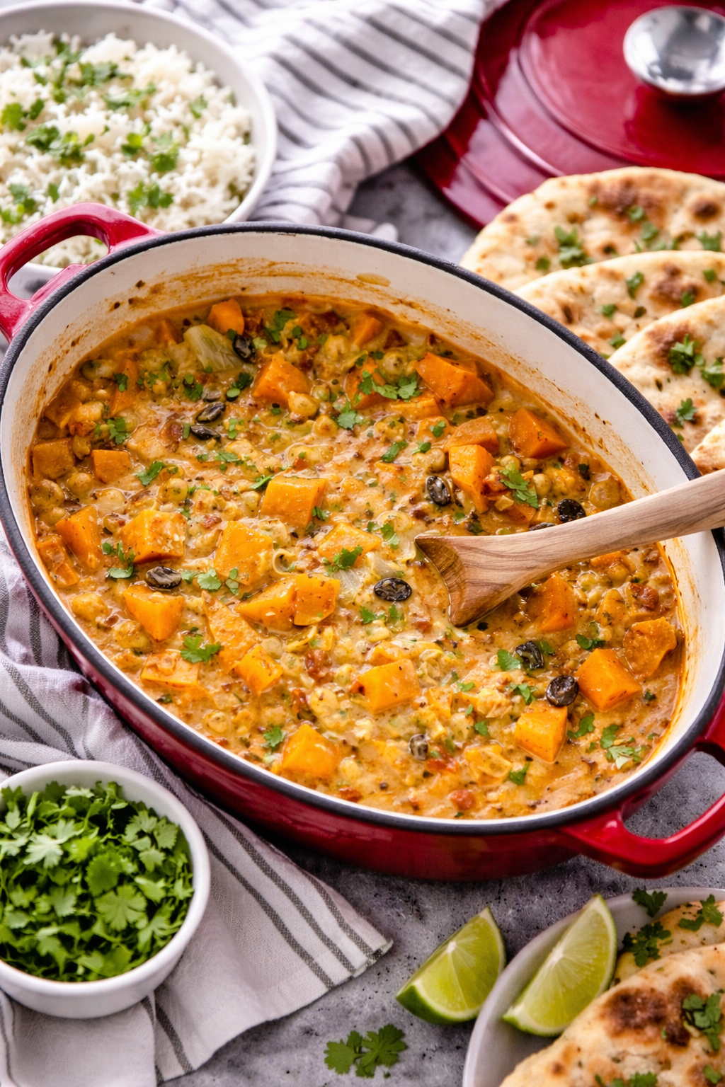 Mijoté de pois chiches à l'indienne servi dans une cocotte rouge et accompagné de riz, de pain naan et de coriandre